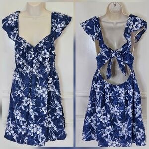 American Eagle Navy Blue & White Floral Back Tie Cutout Sundress,Large